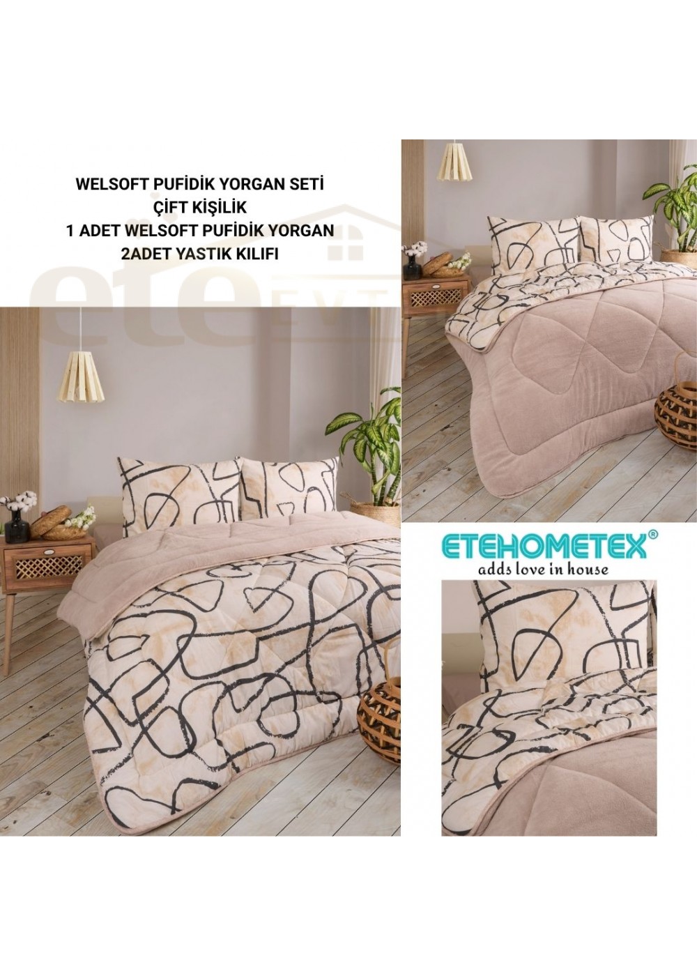 ETE HOMETEX ÇİFT KİŞİLİK LÜX WELSOFT YORGAN SETİ 195X215CM EFEKT BEJ 8696474231962